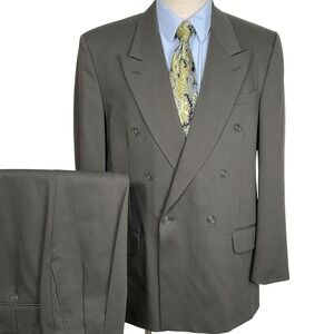 Oscar de la Renta Suit Men‎ 42L 35W 30L Olive Green Double Breasted Retro Career